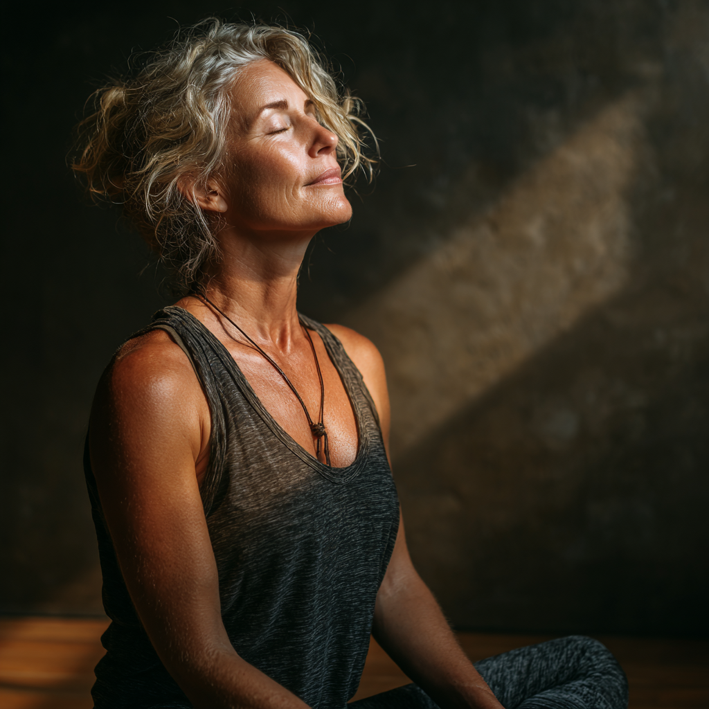 Mature woman demonstrating yoga poses in serene studio environment