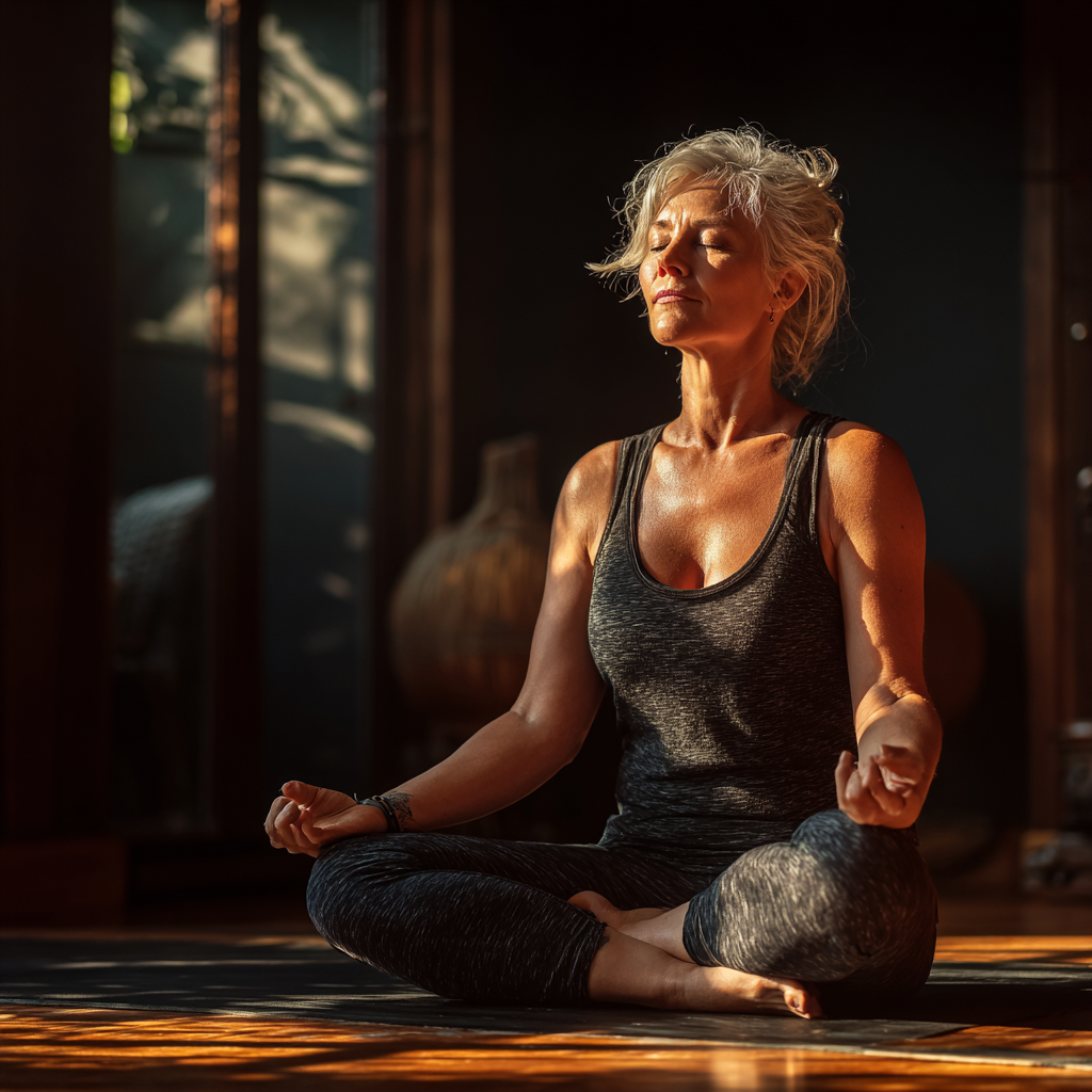 Middle-aged woman practicing yoga in peaceful indoor setting with natural lighting